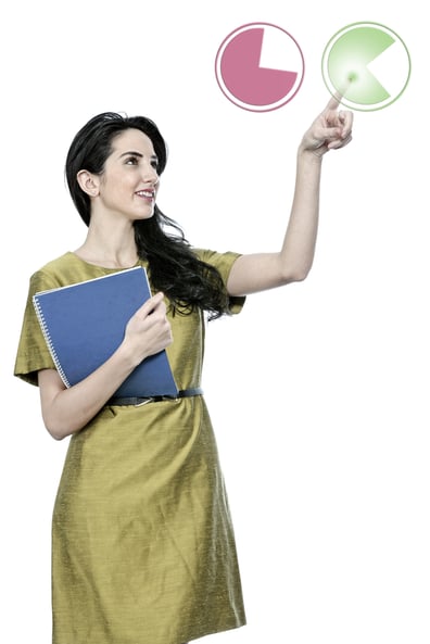 Professional business woman pointing to a concept of pie charts